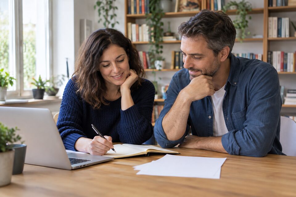 Due adulti studiano insieme con un computer e un quaderno
