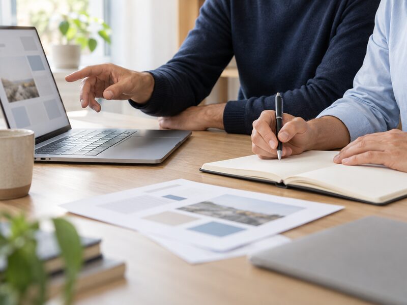 Due persone confrontano un progetto formativo al tavolo di lavoro